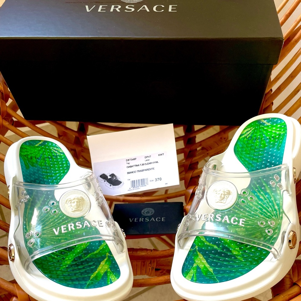 sz 37 NEW $570 VERSACE RUNWAY Jungle Print PVC MEDUSA LOGO Slides SPORTY SANDALS